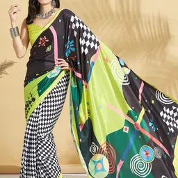 RACHNA Checked Poly Crepe Block Print Saree image 2