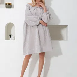 Trend Alacati stili Women Striped Bishop Sleeves Knee Length A-Line Dress-image-62
