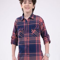Monte Carlo Boys Tartan Checked Spread Collar Roll-Up Sleeves Cotton Casual Shirt-picture-30