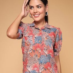 KATLINE Women Abstract Printed Lapel Collar Crepe Top-12