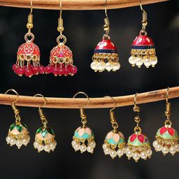 Anouk Set Of 5 Kundan Studded & Beads Beaded Meenakari Dome Shaped Jhumkas-6
