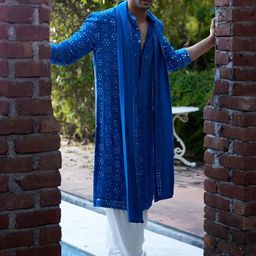 Ankit V Kapoor Men Embroidered Regular Mirror Work Silk Georgette Kurta with Salwar & With Dupatta image 3