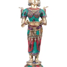Exotic India Metallic-Toned & Green Brass Diyas Deepalakshmi-image-20