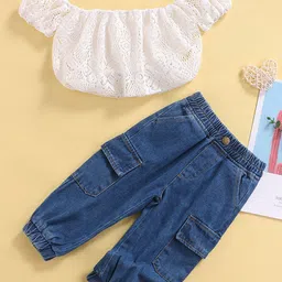 INCLUD Girls Self Design Off-Shoulder Lace Crop Top With Trouser-image-9