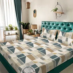 KLOTTHE Beige Geometric 300 TC Fitted King Double Bedsheet Set- 2.50 m x 2.25 m-picture-16