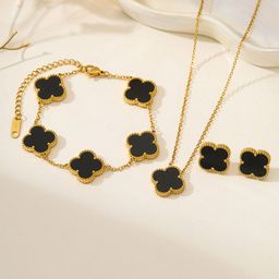 DressBerry Stainless Steel Gold Plated Stones Studded Anti Tarnish Clover Jewellery Set-49