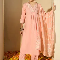 BANDIA V-Neck Mirror Work Pure Cotton Kurta With Trousers And Dupatta-image-99