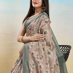 Ethnielle Floral Printed Zari Tissue Mysore Silk Saree with Tassels-image-44