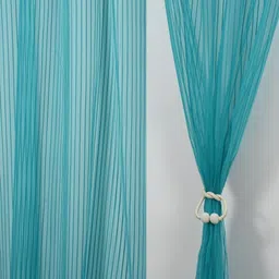 Aura Turquoise Blue Set of 2 Striped Sheer Window Curtain-10