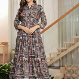 PARTHVI Floral Printed Mandarin Collar Fit and Flare Ethnic Dresses-16