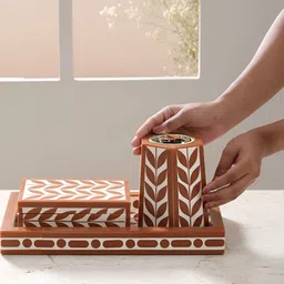 Ritualistic 3-Pcs Brown & White Printed Wooden Bakhoor Set PoojaEssentials-8