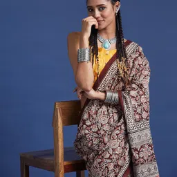 Taavi Women Hand Block Printed Kalamkari Saree With Geometric Borders & Classic Motifs-15