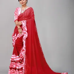 Flip The Style Embellished Mirror Work Pure Georgette Ruffles Detail Saree-picture-35