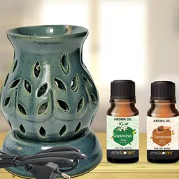 PEEPALCOMM 3Pcs Green Ceramic Electric Diffuser With Jasmine &Sandalwood Oils - 10ml Each-43