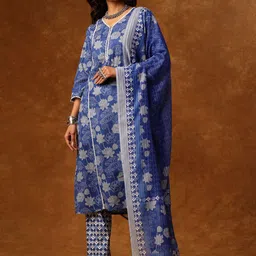 Anouk Floral Printed Round Neck Pure Cotton Kurta With Trousers & Dupatta-picture-18