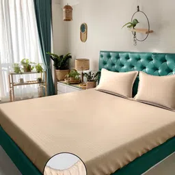 KLOTTHE Cream-Coloured Striped 300 TC King Bedsheet with 2 Pillow Covers-picture-48