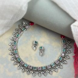 NAMAN ARTS Silver-Plated Stone Studded Oxidised Jewellery Set-picture-24