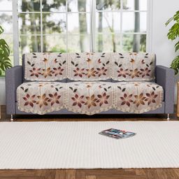 Kuber Industries Cream-Coloured Set of 6 Floral Pure Cotton Three Seater Sofa Covers-15