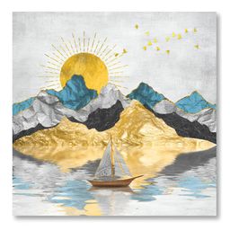 Aura Blue & Gold-Toned Sun Rising Printed Canvas Wall Painting-image-36
