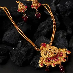Anouk Gold-Plated Artificial Stone Studded And Beaded Temple Necklace And Earrings-25