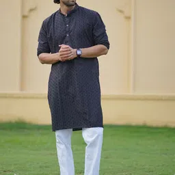 The Kurta Studio Geometric Embroidered Mandarin Collar Chikankari Cotton Straight Kurta-picture-14