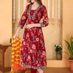 Anouk Floral Printed Thread Work Chanderi Silk A-Line Kurta With Trousers & Dupatta image 3