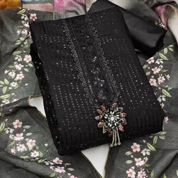 SAINOOR Floral Embroidered Sequinned Pure Silk Semi-Stitched Dress Material-image-12