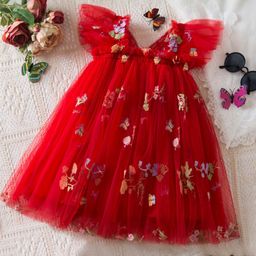 INCLUD Girls Floral Embroidered Square Neck Flutter Sleeves A-Line Dress-6