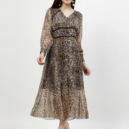 COSMIC TRIO Animal Print Bishop Sleeve Chiffon A-Line Midi Dress-picture-47