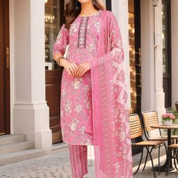 Banwaree Floral Printed Round Neck Thread Work Straight Kurta With Trousers & Dupatta-image-19