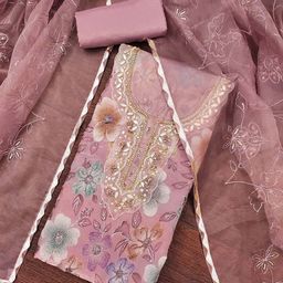 HERE&NOW Floral Embroidered Printed Beads & Stones Organza Unstitched Dress Material-image-33