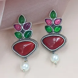 BLACKBOX Artificial Stones Studded& Beaded Floral Shaped Oxidised Drop Earrings-15