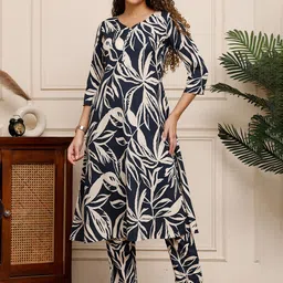 KALINI Women Floral Printed Regular Pure Cotton Kurta with Trousers-image-27
