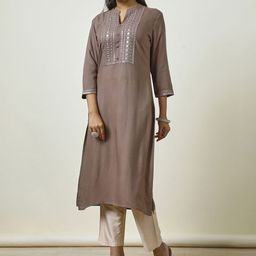 Soch Brown Geometric Yoke Design Mandarin Collar Mirror Work Straight Kurta-5