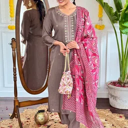 Moda Rapido Floral Embroidered V-Neck Chanderi Silk Kurta With Trousers & Dupatta-image-94