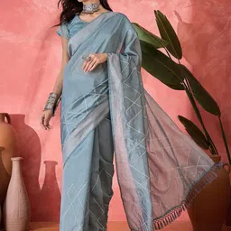 Sangria Checked Embroidered Saree With Unstitched Blouse-5