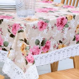 Stylista Pink & Beige Floral Printed 6 Seater Table Cover With Stylish Lace Border-18