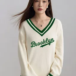 CLAFOUTIS Women Typography V-Neck Drop-Shoulder Sleeves T-shirt-picture-7