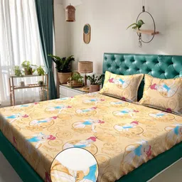 KLOTTHE Kids Yellow Printed Pure Cotton 400 TC Fitted King Bedsheet Set 2.50 m x 2.25 m-12