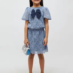One Friday Girls Floral Self Design Bow A-Line Dress-picture-32