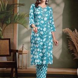 HERE&NOW Floral Printed Round Neck Pure Cotton Straight Kurta & Trousers-picture-24