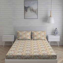 Living scapes by Pantaloons White & Beige Floral 210 TC Single Bedsheet with 2 Pillow Covers-image-32