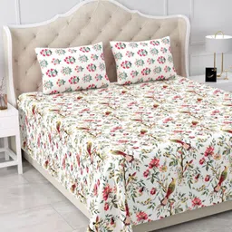 BELLA CASA White & Pink Floral 210 TC King Bedsheet with 2 Pillow Covers-picture-46