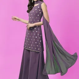 PARROT CREATION Geometric Embroidered Georgette Straight Kurti With Sharara & Dupatta image 5