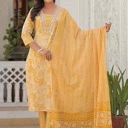 AARDRAA Women Floral Printed Cotton Kurta with Trousers & Dupatta-53