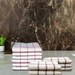 Aura White & Pink 12 Pieces Checked Cotton Hand Towels-8