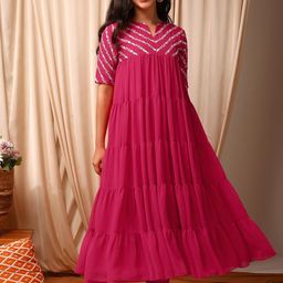 Inddus Women Embroidered Tiered Sequinned Kurta with Trousers-picture-38