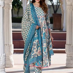 KALINI Floral Printed Round Neck Pure Cotton Anarkali Kurta with Trousers & Dupatta-24