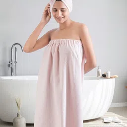 MYTRIDENT Pink Cotton High Absorbency Bath Robe With Head Wrap Set-image-28