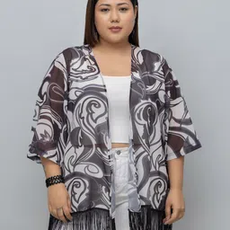 PURYS PLUS Abstract Printed Tasselled Regular Shrug-2